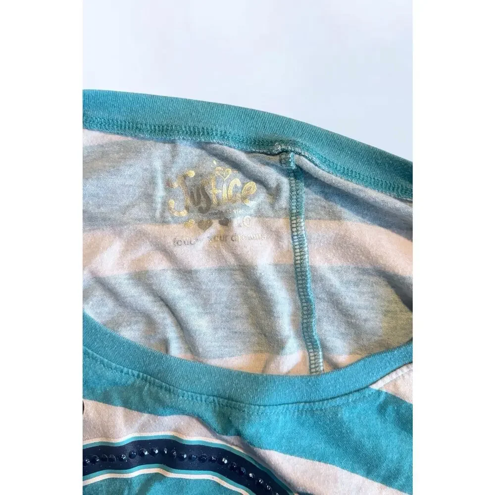 Justice Girls Teal White Striped Smiley Glitter Cropped Tee Size 10